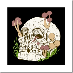 Skull with mushrooms and worm - Aestethic Goblincore Posters and Art